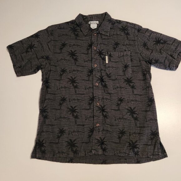 Columbia Hawaiian Floral Fish Print Button Up Black Short Sleeve Mens Medium - Picture 2 of 10